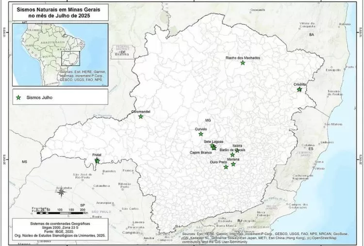 Mapa de tremores em Minas Gerais no mês de julho - Reprodução/ Redes Sociais