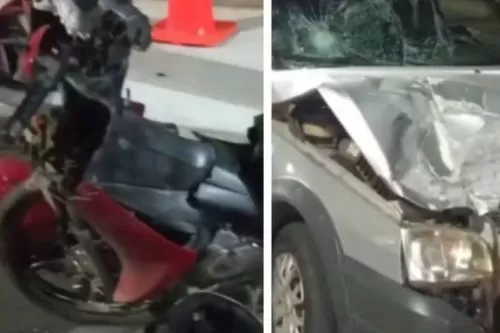 Motociclista bateu de frente com o carro — Foto: Montagem/g1