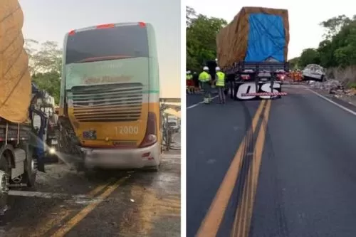 Acidente envolvendo dois caminhões e um ônibus foi na altura do km 521 — Foto: Montagem/g1