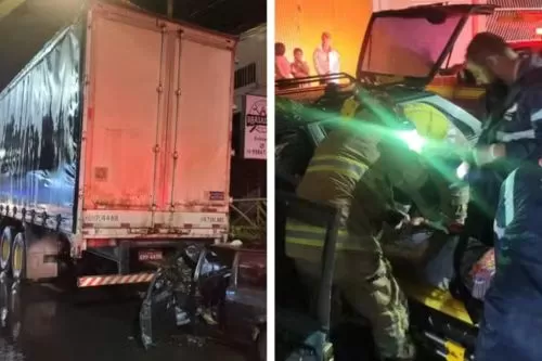 Carro bateu na traseira de carreta — Foto: Montagem/g1