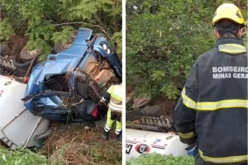 Caminhão tombou na LMG-628 — Foto: Montagem/g1