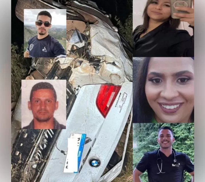 BMW capota, cai em ribanceira e deixa cinco pessoas mortas em Minas