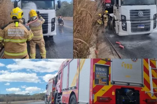 Carreta com caminhões dos bombeiros sofre princípio de incêndio na BR-251, mas fogo é controlado