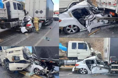 ATUALIZAÇÃO: Carro fica prensado entre caminhão e carreta após pane de freios na BR-251, em Francisco Sá