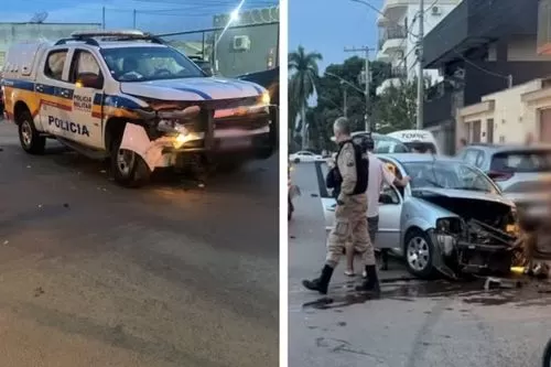 Viatura da PM bate em carro e atinge outros veículos e bicicletas elétricas em Unaí