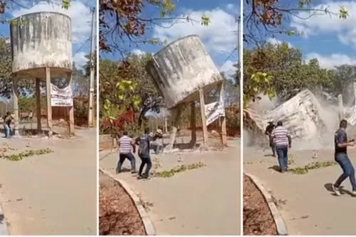 Caixa d'água desmoronou — Foto: Redes sociais/Montagem g1
