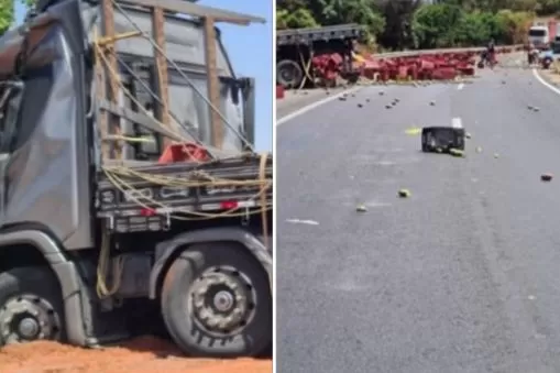 Caminhoneiro morre após caminhão carregado com mangas tombar violentamente na BR-135 em Montes Claros